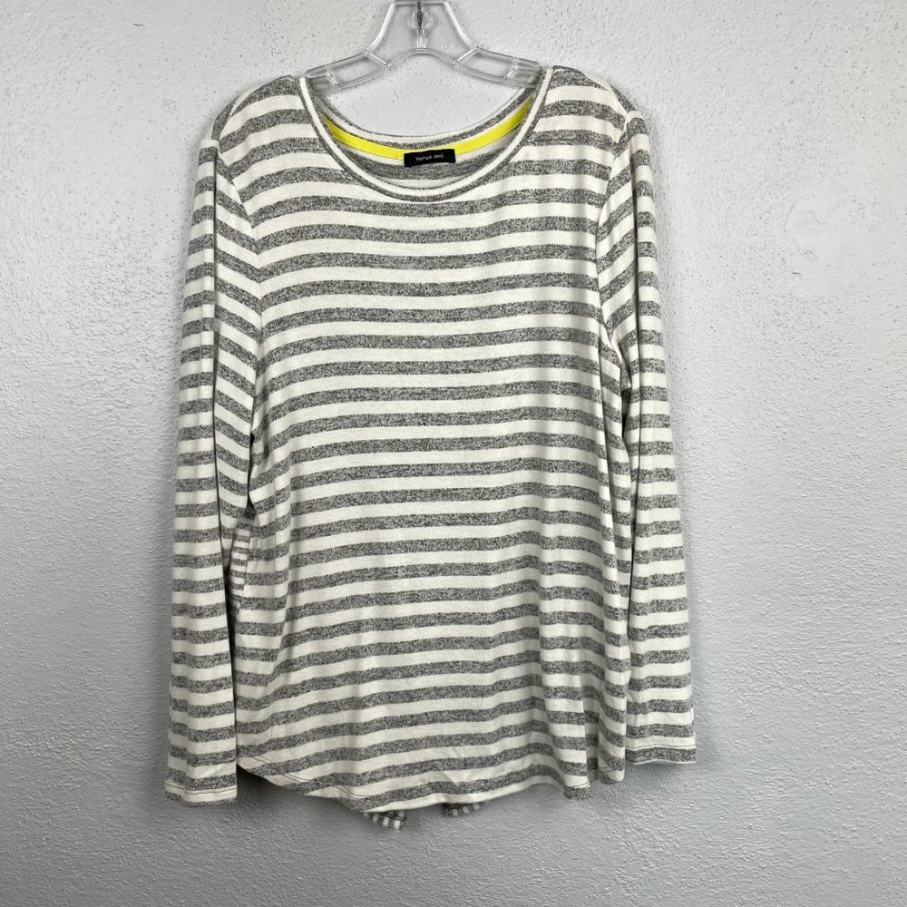 Verve Ami Women's Gray Striped Long Sleeve Split Back Soft Popover